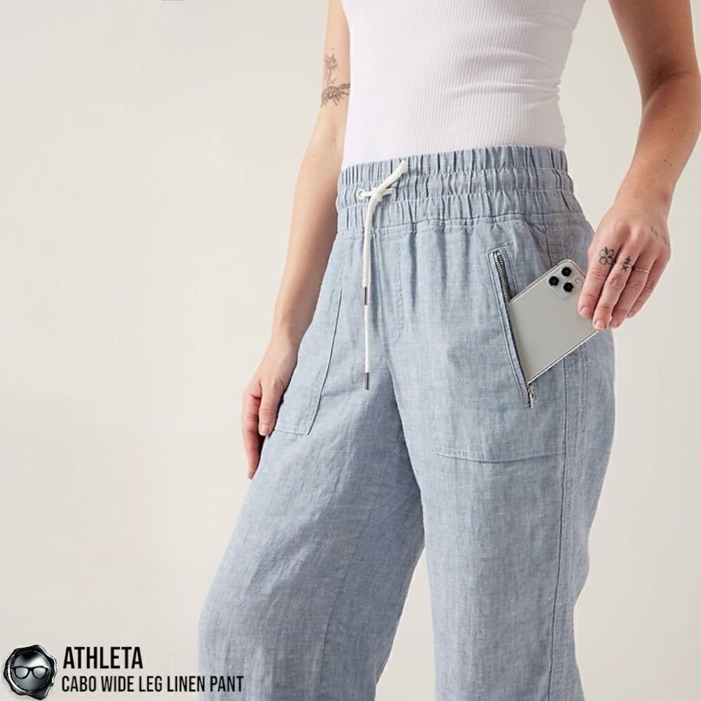 ATHLETA CABO LINEN WIDE LEG PANTS IN CHAMBRAY BLUE WOMEN 12/LARGE TRAVEL CASUAL - Picture 6 of 13